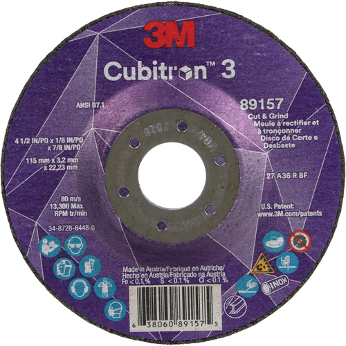Meule &agrave; rectifier et &agrave; tronçonner Cubitron 3, 4-1/2" x 1/8", Arbre de 7/8", Type 27, Grain de 36, C&eacute;ramique Consource
