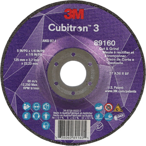 Cubitron 3 Cut and Grind Wheel, 5" x 1/8", 7/8" Arbor, Type 27, 36 Grit, Ceramic Consource