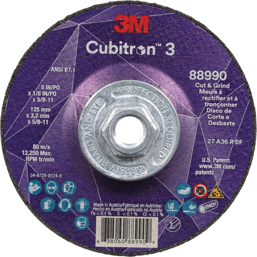 Cubitron 3 Cut and Grind Wheel, 5" x 1/8", 5/8"-11 Arbor, Type 27, 36 Grit, Ceramic Consource