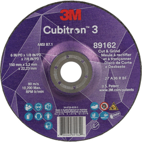 Meule &agrave; rectifier et &agrave; tronçonner Cubitron 3, 6" x 1/8", Arbre de 7/8", Type 27, Grain de 36, C&eacute;ramique Consource