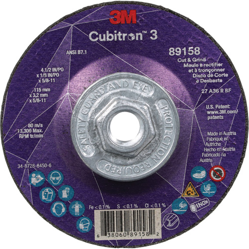 Cubitron 3 Cut and Grind Wheel, 4-1/2" x 1/8", 5/8"-11 Arbor, Type 27, 36 Grit, Ceramic Consource