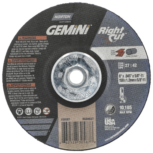 Gemini RightCut Right Angle Cut-Off Wheel, 6" x 0.045", 5/8"-11 Arbor, Type 27/42, Aluminum Oxide, 10185 RPM Consource