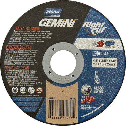 Gemini RightCut Right Angle Cut-Off Wheel, 4-1/2" x 0.045", 7/8" Arbor, Type 01/41, Aluminum Oxide, 13580 RPM Consource