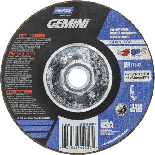 Gemini INOX/SS Right Angle Cut-Off Wheel, 4-1/2" x 3/32", 5/8"-11 Arbor, Type 27/42, Aluminum Oxide, 13580 RPM Consource