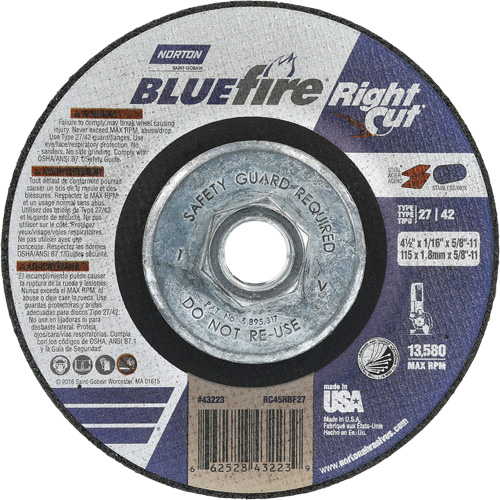 BlueFire RightCut Right Angle Cut-Off Wheel, 4-1/2" x 1/16", 5/8"-11 Arbor, Type 27/42, Aluminum Oxide, 13580 RPM Consource