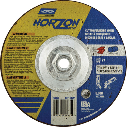 NorZon Plus SGZ  Grinding & Cutting Wheel, 7" x 1/8", 5/8"-11 Arbor, Type 27, Ceramic Alumina Consource