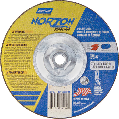 NorZon Plus SGZ Right Angle Cut-Off Wheel, 7" x 1/8", 5/8"-11 Arbor, Type 27/42, Ceramic Alumina, 8600 RPM Consource