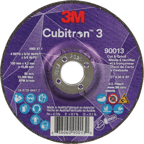 Meule &agrave; tronçonner Cubitron 3, 4" x 39/250", Arbre de 5/8", Type 27, Grain de 36, C&eacute;ramique Consource