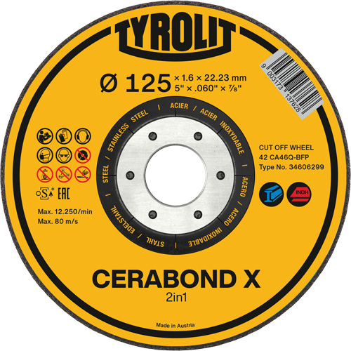 Meule &agrave; tronçonner pour acier et acier inoxydable CERABOND X, 5" x 0,45", Arbre de 7/8", Type 1, C&eacute;ramique, 12250 Tr/min Consource