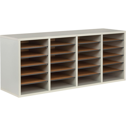 Adjustable Compartment Literature Organizer, Stationary, 24 Slots, Wood, 39-1/4" W x 11-3/4" D x 16-1/4" H Consource