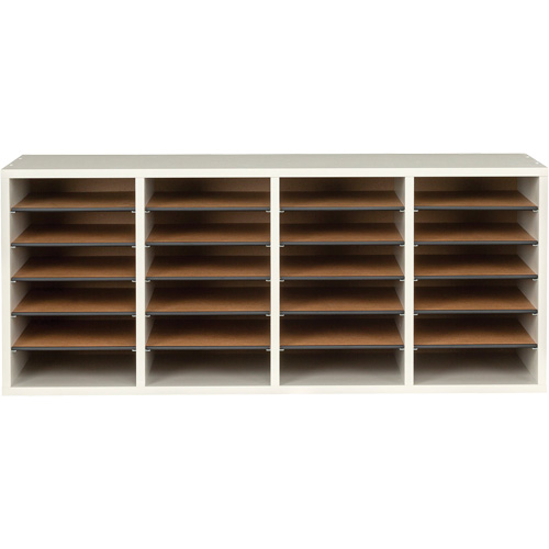 Adjustable Compartment Literature Organizer, Stationary, 24 Slots, Wood, 39-1/4" W x 11-3/4" D x 16-1/4" H Consource