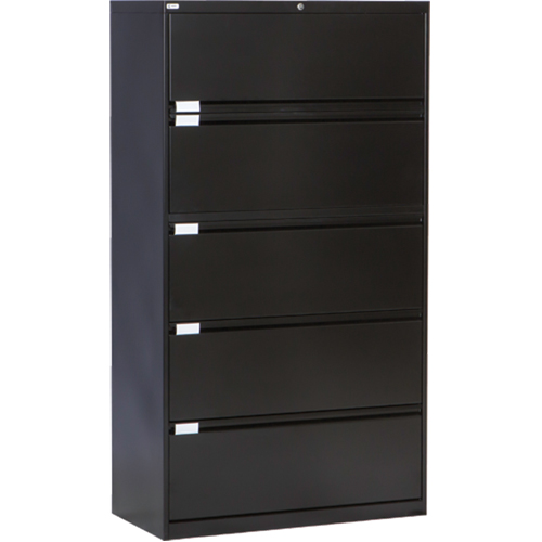 Lateral Filing Cabinet, Steel, 5 Drawers, 36" W x 18" D x 65-1/2" H, Black Consource