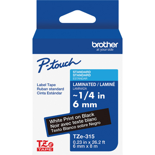 Ruban lamin&eacute; TZe-315 pour &eacute;tiqueteuses P-Touch compatibles avec les rubans TZe, Blanc sur noir, Largeur de 0,23" Consource