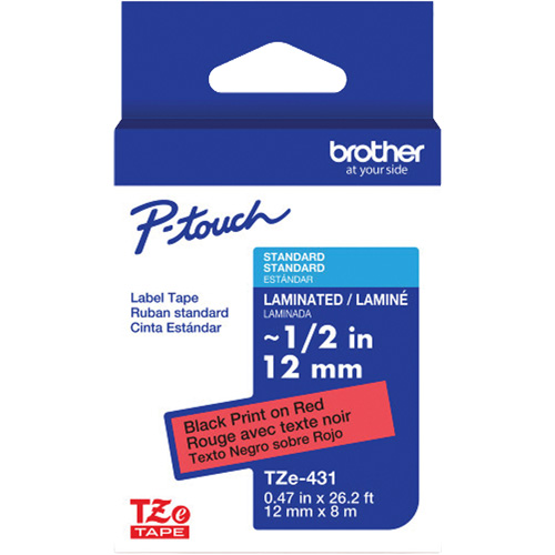 Ruban lamin&eacute; TZe-431 pour &eacute;tiqueteuses P-Touch compatibles avec les rubans TZe, 12 mm x 8 m, Noir/rouge Consource