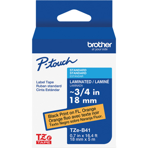 Ruban lamin&eacute; TZe-B41 pour &eacute;tiqueteuses P-Touch compatibles avec les rubans TZe, Noir sur orange fluorescent, Largeur de 0,7" Consource