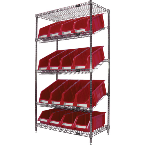 Slanted Wire Shelf with Bins, 5 Tiers, 36" W x 63" H x 18" D Consource