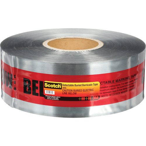 Ruban pour barri&egrave;res pour d&eacute;tection de services publics souterrains Scotch, Anglais, 3" la x 1000' lo, 5 mils, Noir/rouge Consource