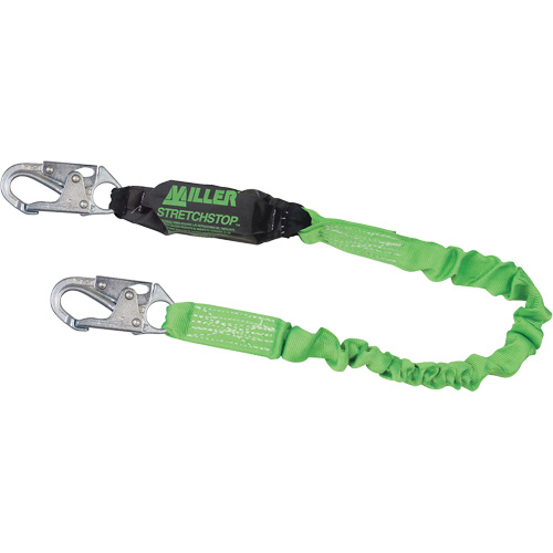 Miller&reg; StretchStop&reg; Shock-Absorbing Lanyard, 6', Locking Snap Hook Center, Locking Snap Hook Leg Ends, Polyester Consource