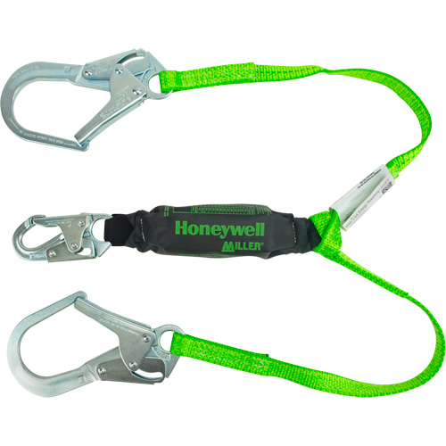 Miller&reg; HP Shock-Absorbing Lanyard, 4', Locking Rebar Hook Center, Locking Snap Hook Leg Ends, Polyester Consource