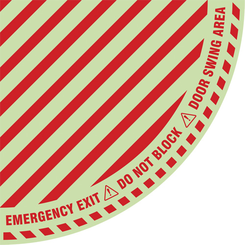 Signalisation au sol ?Emergency Exit? (sortie de secours) pour porte battante en quart de cercle, Adh&eacute;sif, Anglais avec pictogramme Consource