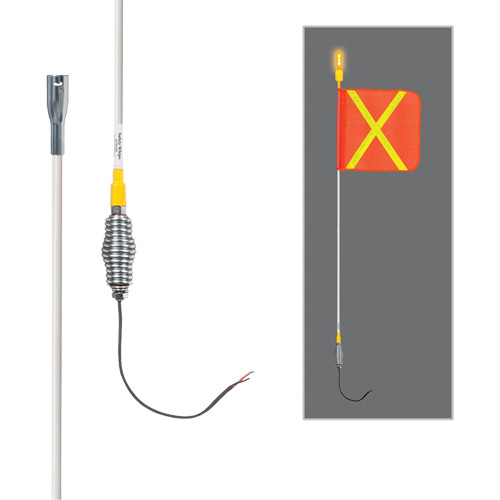Tiges de s&eacute;curit&eacute; tout-temps de s&eacute;rie lourde avec lumi&egrave;re DEL constante Safety Whip, Fixation Ressort, Hauteur 3', Orange avec X r&eacute;fl&eacute;chissant Consource