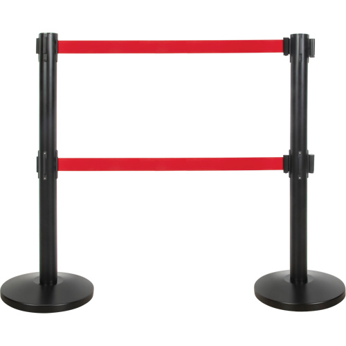 Dual Belt Crowd Control Barrier, Steel, 35" H, Red Tape, 7' Tape Length Consource