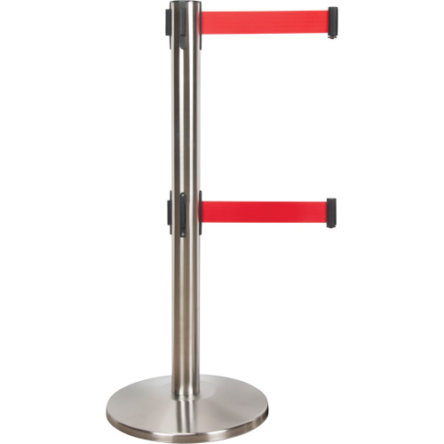 Dual Belt Crowd Control Barrier, Steel, 35" H, Red Tape, 7' Tape Length Consource