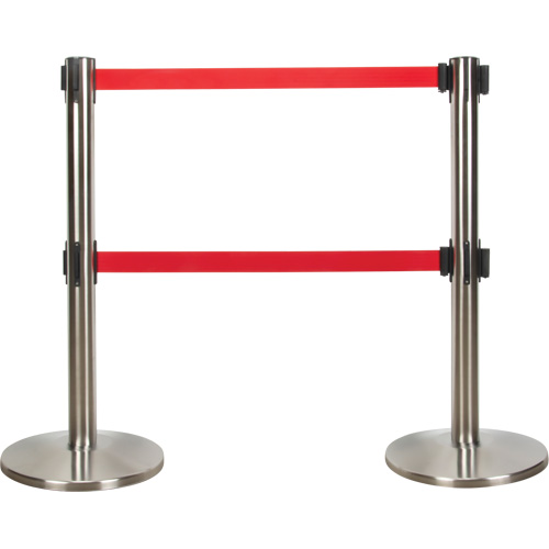 Dual Belt Crowd Control Barrier, Steel, 35" H, Red Tape, 7' Tape Length Consource