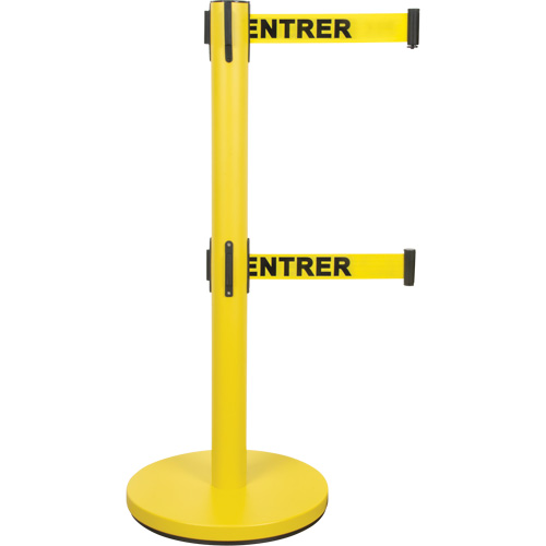 Barri&egrave;re pour le contr&ocirc;le des foules &agrave; courroie double, Acier, 35" h, Ruban Jaune, Longueur du ruban 7' Consource