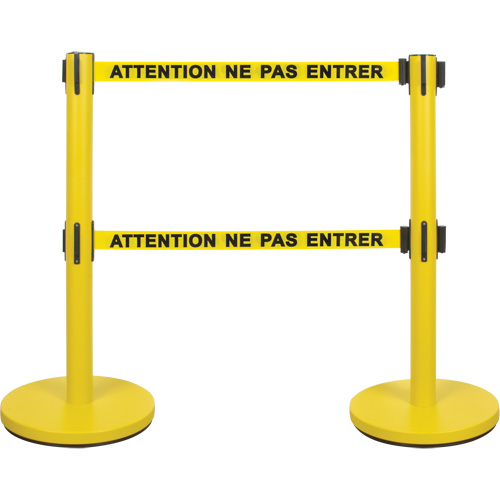 Barri&egrave;re pour le contr&ocirc;le des foules &agrave; courroie double, Acier, 35" h, Ruban Jaune, Longueur du ruban 7' Consource