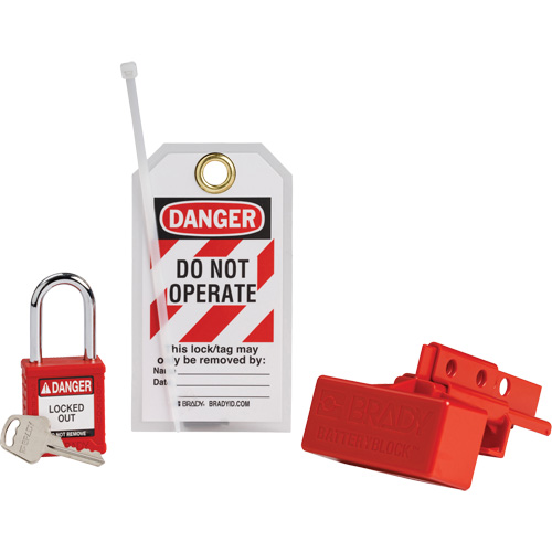 Dispositif de cadenassage pour connecteurs dalimentation de chariot &eacute;l&eacute;vateur BatteryBlock avec cadenas de s&eacute;curit&eacute; en nylon, Ensemble &eacute;lectrique, 3 composants compris Consource
