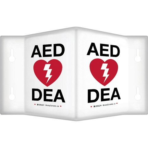 Enseigne &agrave; projection sur 90°  AED/ DEA , 6" x 5", Plastique, Bilingue avec pictogramme Consource