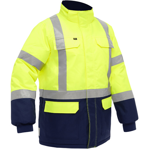 Manteau pour le froid extr&ecirc;me avec bas bleu marin et X au dos Bisley, Polyester, Jaune lime haute visibilit&eacute;, Petit Consource