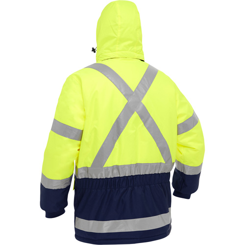 Manteau pour le froid extr&ecirc;me avec bas bleu marin et X au dos Bisley, Polyester, Jaune lime haute visibilit&eacute;, Petit Consource