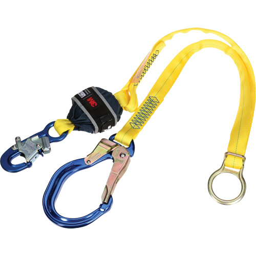 Tie-Back Web Shock-Absorbing Lanyard, 6', Rebar Hook Center, Snap Hook Leg Ends, Polyester Consource