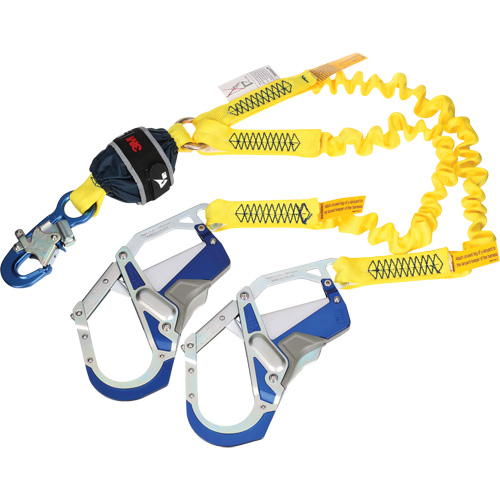 Twin-Leg Stretch Web Shock-Absorbing Lanyard, 6', Rebar Hook Center, Snap Hook Leg Ends Consource