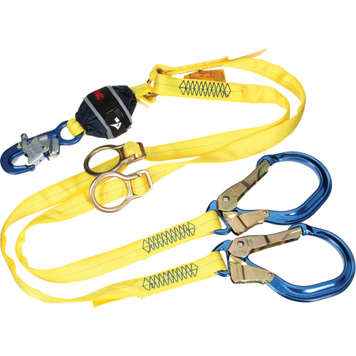 Twin-Leg Tie-Back Web Shock-Absorbing Lanyard, 6', Rebar Hook Center, Snap Hook Leg Ends, Polyester Consource