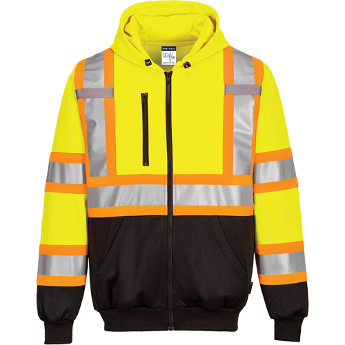 Chandail de s&eacute;curit&eacute; &agrave; capuchon avec bandes contrastantes, Petit, Noir/Jaune lime haute visibilit&eacute; Consource