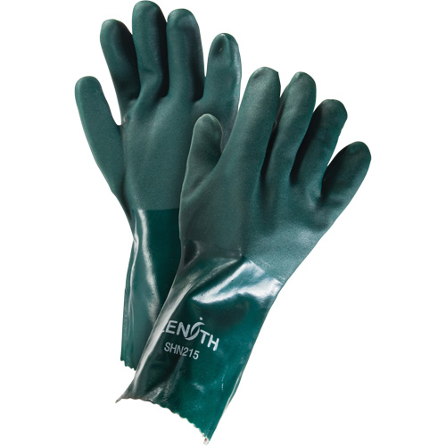 Double Dipped Green Gloves, 14" L, PVC, Cotton Jersey Inner Lining, 70-mil Consource
