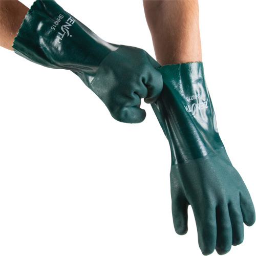 Double Dipped Green Gloves, 14" L, PVC, Cotton Jersey Inner Lining, 70-mil Consource