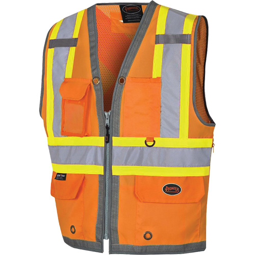Veste de s&eacute;curit&eacute; pour arpenteur Pioneer avec fermeture &agrave; glissi&egrave;re et dos en maille, Orange haute visibilit&eacute;, Petit, Polyester Consource