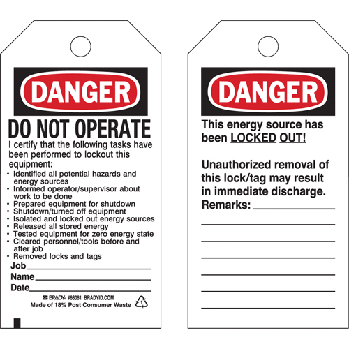 Lockout Tags, Plastic, 3" W x 5-3/4" H, English Consource