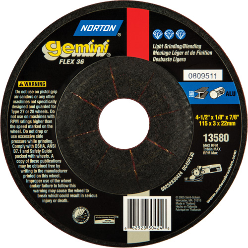 Gemini&reg; Flexible Mini Disc Depressed Centre Wheel, 4-1/2" x 1/8", 7/8" Arbor, Aluminum Oxide, Type 27 Consource