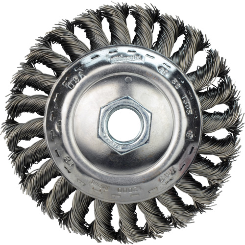 Disque m&eacute;tallique &agrave; fils torsad&eacute;s, Dia. 4", Fils 0,02", Arbre 5/8"-11, Acier au carbone Consource