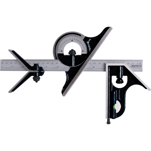 Combination Square Set with E/M Rule, 4 pcs., 1/64"/0.5 mm Graduations, Steel, Plain Consource