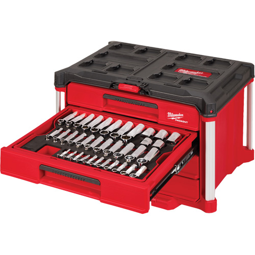 Ensemble de 242 pi&egrave;ces de douilles et cliquets m&eacute;triques et SAE 1/4", 3/8" et 1/2" avec boîte &agrave; outils PACKOUT &agrave; 4 tiroirs, 16-3/10" x 22-1/5" x 14-3/10", Noir/Rouge Consource