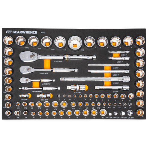 Jeu d'outils SAE/m&eacute;triques pour m&eacute;canicien &agrave; 90 dents 1/4", 3/8" & 1/2" avec plateau de rangement en mousse Consource