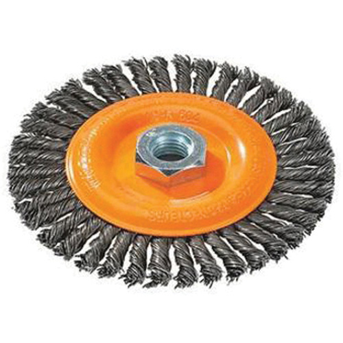 Stringer Bead Knotted Wire Brush, 4" Dia., 0.02" Fill, 5/8"-11 Arbor, Steel Consource
