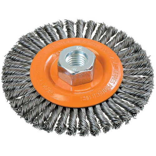 Stringer Bead Knotted Wire Brush, 4-1/2" Dia., 0.02" Fill, 5/8"-11 Arbor, Steel Consource