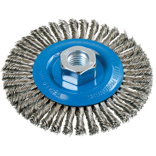 Stringer Bead Knotted Wire Brush, 4-1/2" Dia., 0.02" Fill, 5/8"-11 Arbor, Aluminum/Stainless Steel Consource